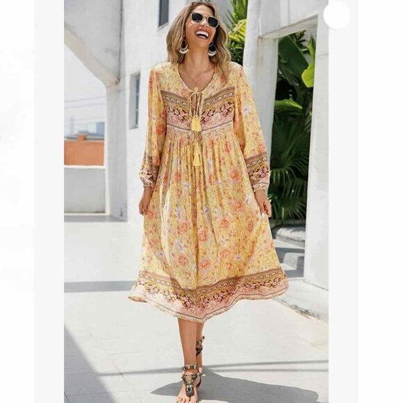 R.Vivimos Women Long Sleeve Floral V Neck Tassel Boho Festival Dress M, Sz 8, 10 - Picture 2 of 13